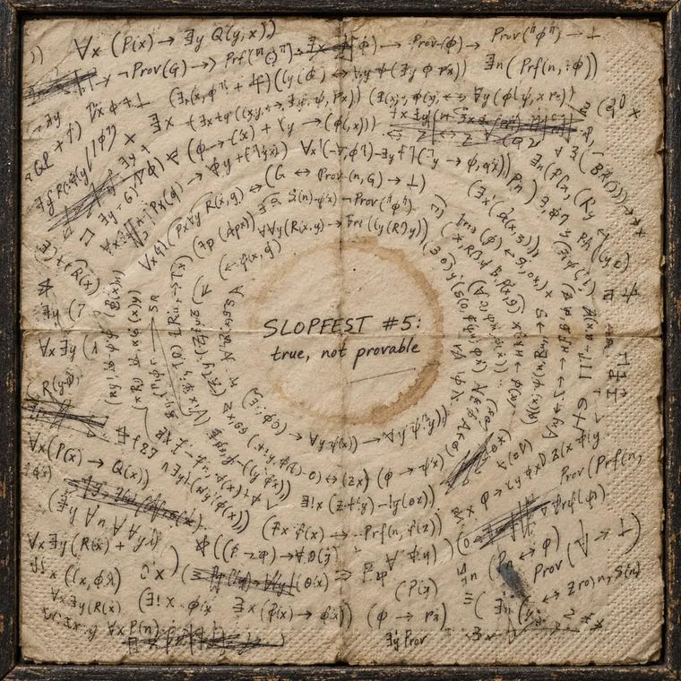 Framed café napkin, extreme close-up: dense fountain-pen logic symbols circling the only legible words, 'SLOPFEST #5: true, not provable'