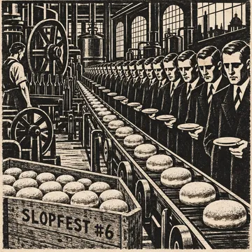 Woodcut in the Masereel manner: identical Krapfen on a conveyor belt, identical guests queuing beside it, 'SLOPFEST #6' carved on a crate