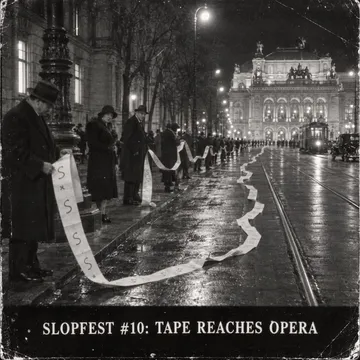 Newsreel frame, wide street view: a paper strip running along the Ring to the Staatsoper, intertitle reading 'SLOPFEST #10: TAPE REACHES OPERA'