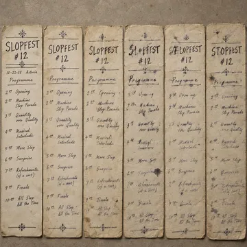 Six hand-copied programmes in a row, top-down, the headline drifting from SLOPFEST #12 on the first to 'STOPFEST #12' on the last