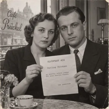 Formal engagement portrait, studio lit: an unsmiling couple holding up a typed love letter headed SLOPFEST #26, 'Darling Chickpea' legible