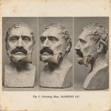 Scientific journal plate, three views: a plaster bust with a moustache and a Tafelspitz bone, captioned 'Fig. 1: Grinzing Man, SLOPFEST #27'