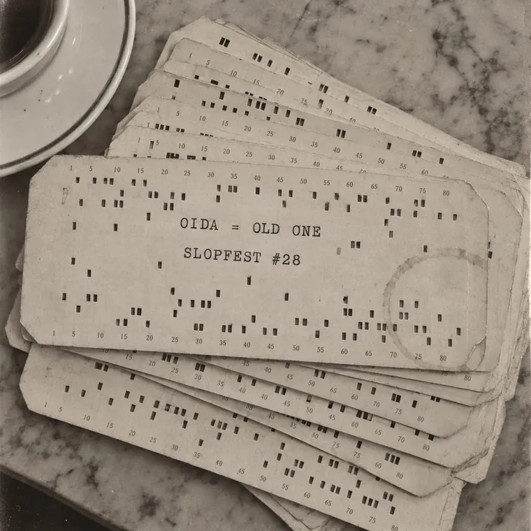 Punch cards fanned out on a café table, top-down, the top card printed 'OIDA = OLD ONE' and 'SLOPFEST #28'