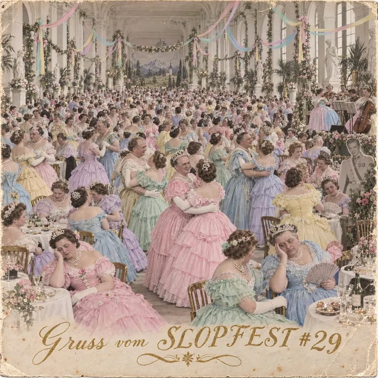 Hand-coloured postcard front, wide: 318 empresses in pastel gowns in the Schönbrunn Orangery, 'Gruss vom SLOPFEST #29' in gold script