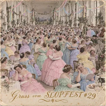 Hand-coloured postcard front, wide: 318 empresses in pastel gowns in the Schönbrunn Orangery, 'Gruss vom SLOPFEST #29' in gold script