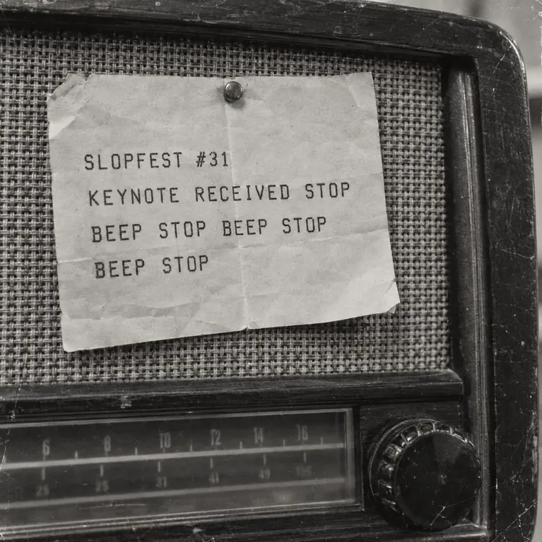 Telegram pinned to a shortwave radio, close-up: 'SLOPFEST #31 KEYNOTE RECEIVED STOP BEEP STOP BEEP STOP BEEP STOP'