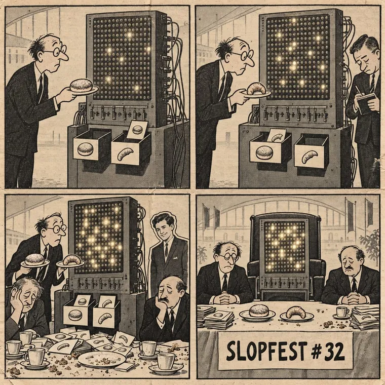 Newspaper comic strip, four panels: a board of 400 bulbs failing to tell a Krapfen from a Kipferl, the last panel's sign reading SLOPFEST #32