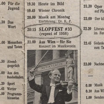 TV listings page, close-up: '20:15 SLOPFEST #33 (repeat of 1958)' circled in pencil, a small photo of a conductor with a violin bow