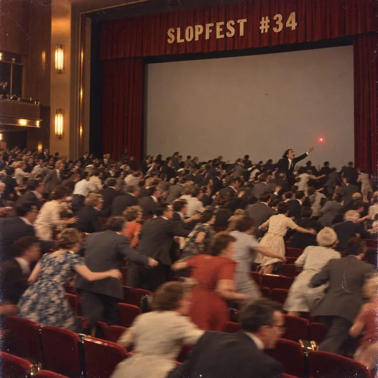 Kodachrome slide, wide: 441 blurred people chasing a red dot across the Gartenbaukino screen, the curtain lettered SLOPFEST #34