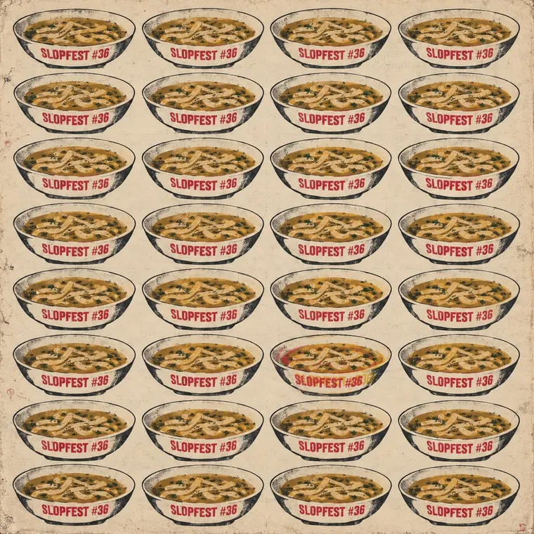 Silkscreen grid of 32 identical bowls of Frittatensuppe, each labelled 'SLOPFEST #36' in red, one bowl slightly misregistered