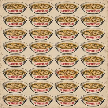 Silkscreen grid of 32 identical bowls of Frittatensuppe, each labelled 'SLOPFEST #36' in red, one bowl slightly misregistered