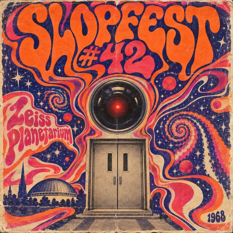 Psychedelic poster, melting lettering: 'SLOPFEST #42, Zeiss Planetarium', a calm red camera eye above a closed door in a swirling starfield