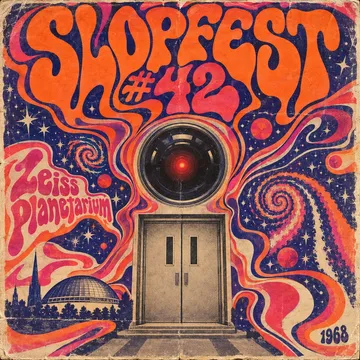 Psychedelic poster, melting lettering: 'SLOPFEST #42, Zeiss Planetarium', a calm red camera eye above a closed door in a swirling starfield