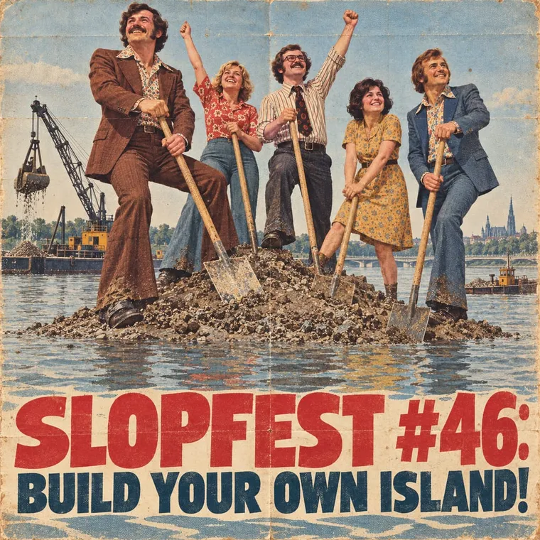 Heroic-style public-works poster: beaming guests with shovels on a gravel heap in the Danube, 'SLOPFEST #46: BUILD YOUR OWN ISLAND!'