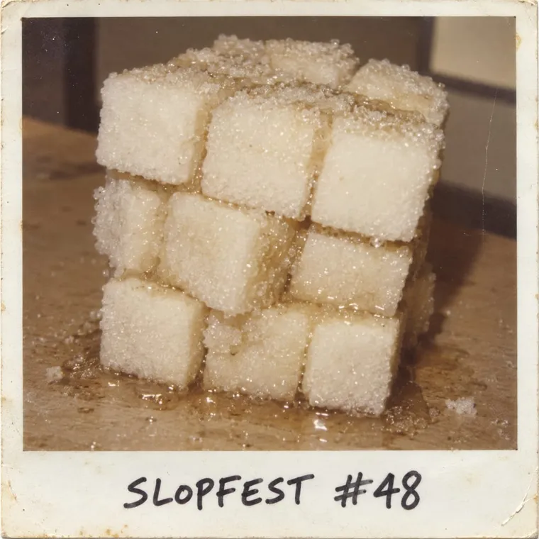Polaroid, close-up: a lumpy, half-dissolved puzzle cube made of sugar cubes, 'SLOPFEST #48' written in marker on the white strip