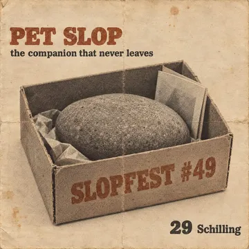 Mail-order catalogue page: 'PET SLOP, the companion that never leaves', a Danube stone in a box printed SLOPFEST #49, 29 Schilling