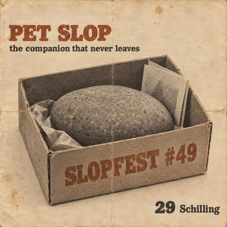 Mail-order catalogue page: 'PET SLOP, the companion that never leaves', a Danube stone in a box printed SLOPFEST #49, 29 Schilling