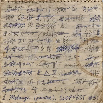 Waiter's order pad, close-up: dozens of crossed-out orders in strange scripts, the last line reading '1 Melange (pointed), SLOPFEST #51'