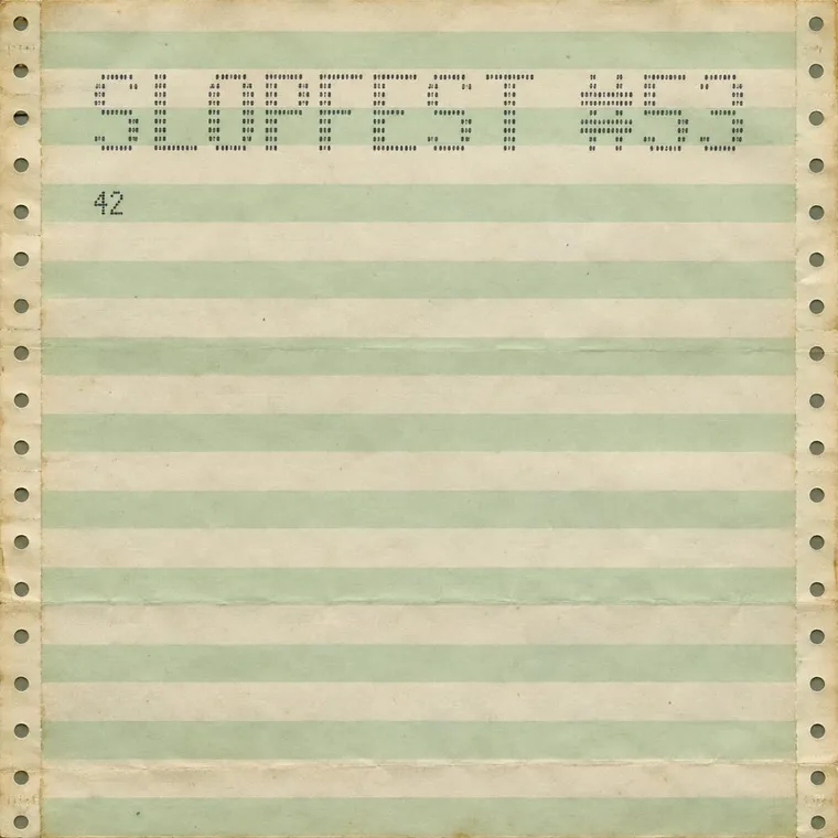 Dot-matrix printout on green-bar paper: a single '42' beneath an ASCII-art header reading SLOPFEST #53