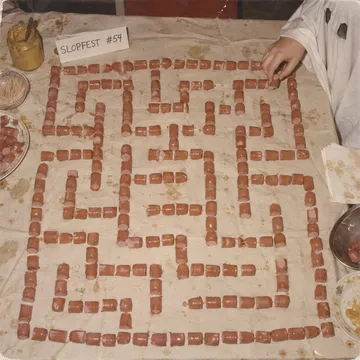 Top-down photo of a buffet laid out as a maze of 240 Würstel pieces, a bedsheet ghost's hand at the edge, a place card: SLOPFEST #54
