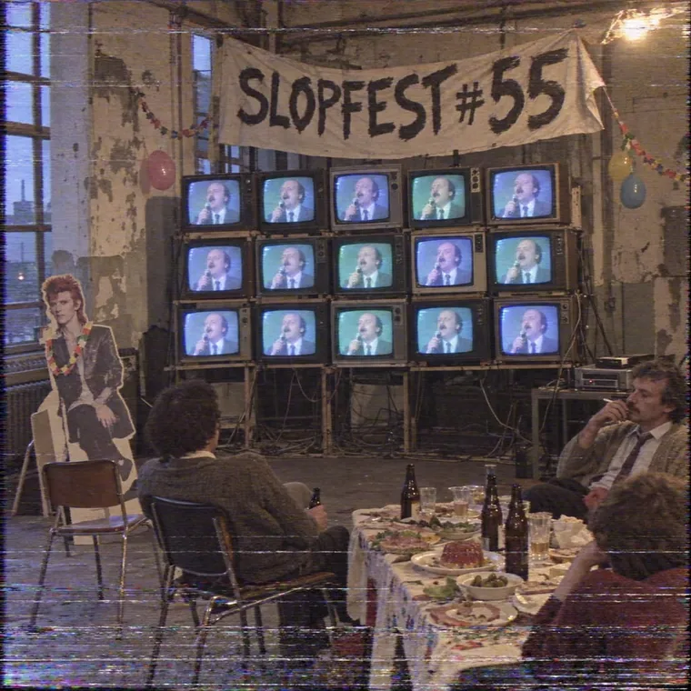 VHS freeze frame with tracking lines: the treasurer lip-syncing to a Schlager, on-screen caption 'SLOPFEST #55 TV, PLAY 135'