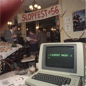 Photo of a green-phosphor terminal showing the programme, every line ending in :-) or :-(, top line 'SLOPFEST #56', a thumb over the lens