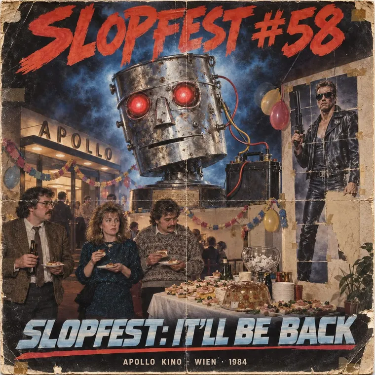 Airbrushed movie-poster parody: the tin Blechkopf with glowing red eyes over a chrome grid, 'SLOPFEST #58: IT'LL BE BACK'