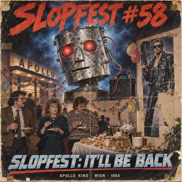 Airbrushed movie-poster parody: the tin Blechkopf with glowing red eyes over a chrome grid, 'SLOPFEST #58: IT'LL BE BACK'
