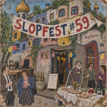 Commemorative postage stamp in Hundertwasser colours: a wavy house with onion domes, 'SLOPFEST #59', the perforations deliberately crooked