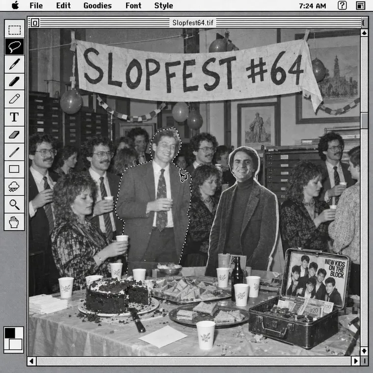 Black-and-white Mac screen, Photoshop 1.0: a lasso tool pasting a smiling Sachertorte delegate into a party photo titled SLOPFEST #64