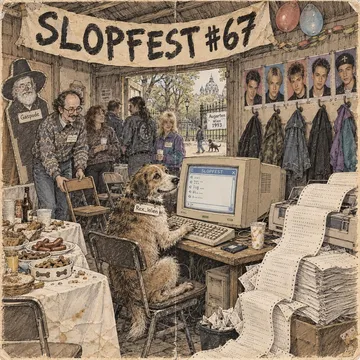 New Yorker-style single-panel cartoon: a dog in a paper name badge at a beige PC, caption 'At SLOPFEST #67, nobody knows you're a dog.'