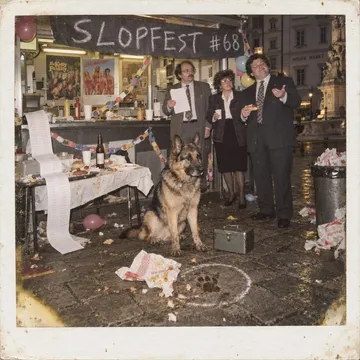 Crime-scene Polaroid: an empty Wurstsemmel wrapper, a paw print, a yellow evidence card reading 'SLOPFEST #68, EXHIBIT 40'