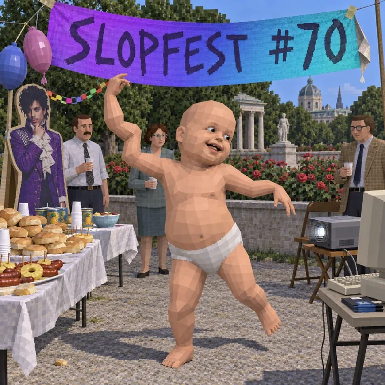 Low-poly 3D render: a baby mid-dance with an extra elbow on a purple gradient, chrome WordArt title reading SLOPFEST #70